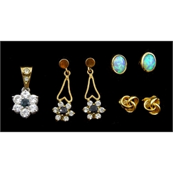 Gold opal stud earrings, pair of gold knot earrings, pair of stone set earrings and matching pendant, all 9ct hallmarked or tested