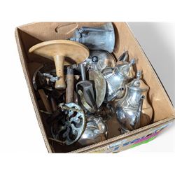 Collection of sliver plate and brass items including buckets and a kettle, butter churner and other kitchen wares etc