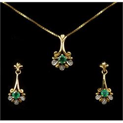 Gold emerald and diamond pendant necklace and a pair of matching earrings, all hallmarked 9ct