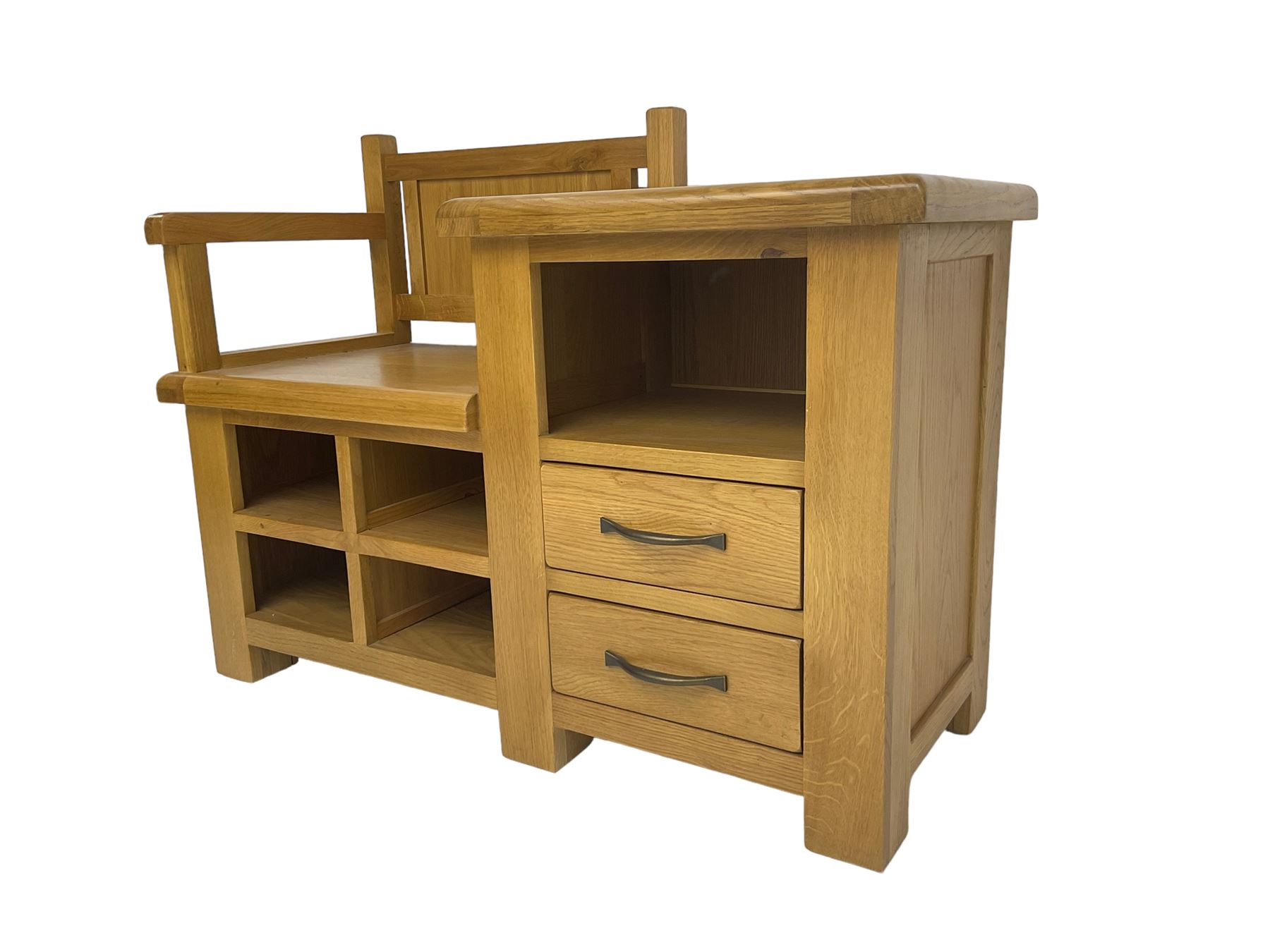 Late 20th century light oak telephone table, seat over four pigeon holes, fitted with shelf over two drawer
