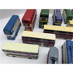 Thirty-one modern die-cast models of buses, coaches and trams by Corgi, EFE, Solido etc; predominantly unboxed but one in box
