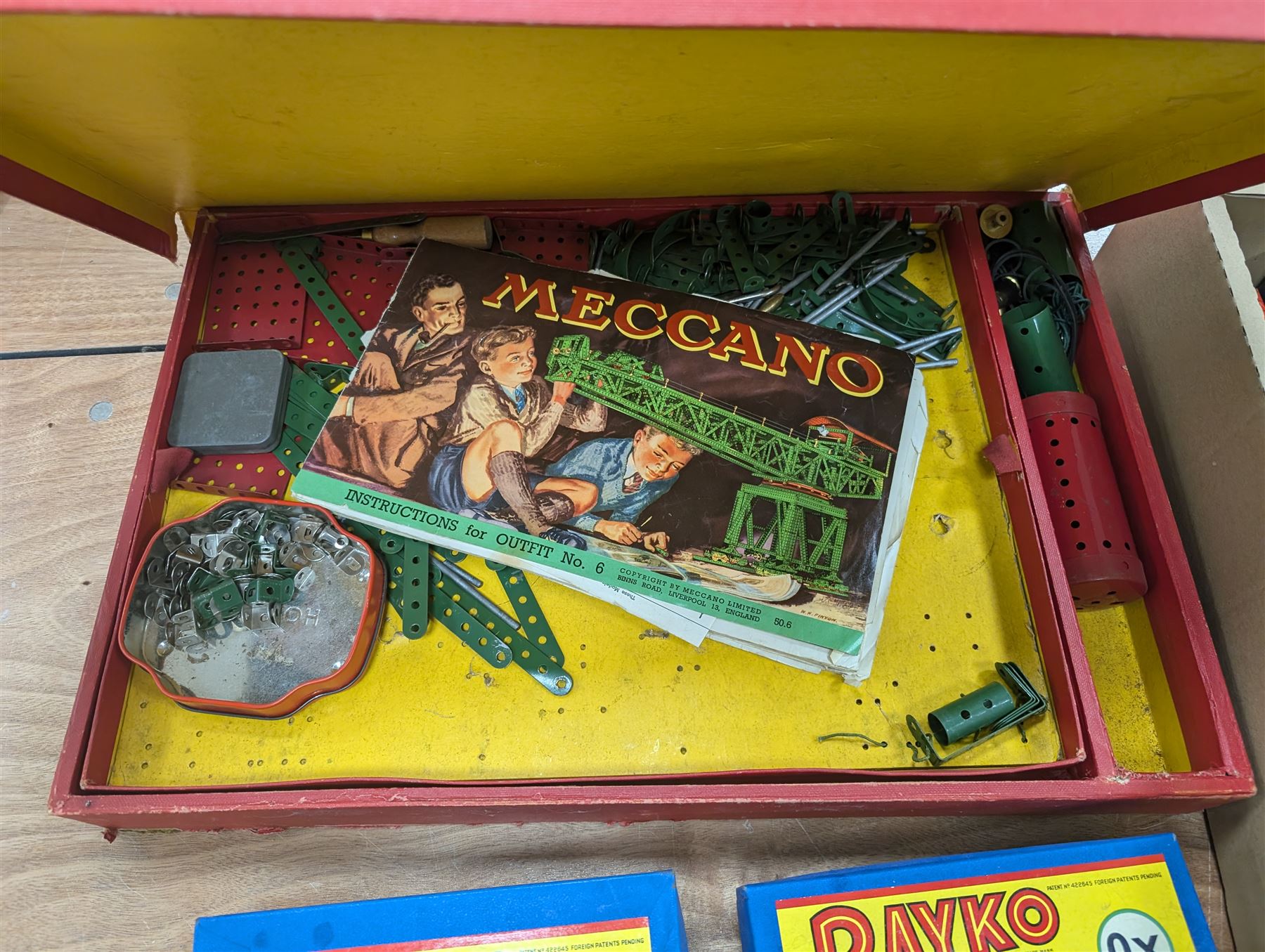 Meccano number 8 set, Bell's Double your money game, Bayko building set and converter kits