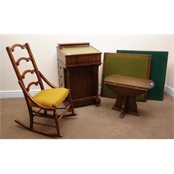  Reproduction mahogany Davenport desk, sloping green leather inset writing pad (W50cm, H89cm, D50cm) a Victorian rocking chair and a small drop leaf table and two folding games tables (5)  