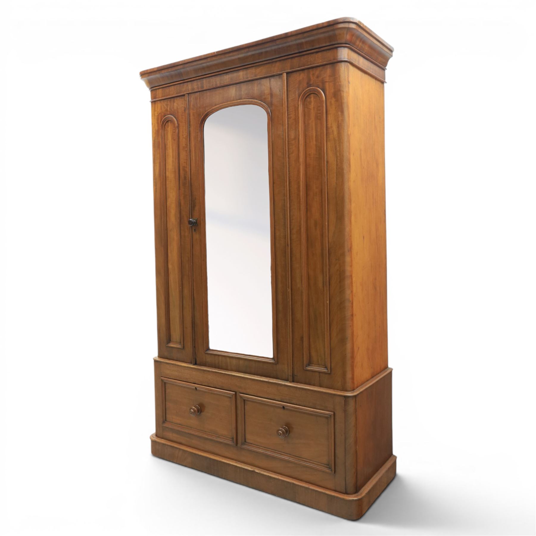 Victorian mahogany wardrobe, enclosed by single mirror door, two drawers to base