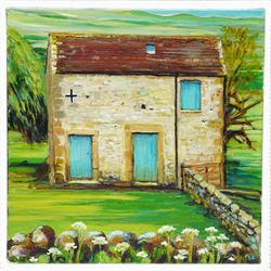 Sue Dewhurst (British Contemporary): 'Barn with Blue Door' 'Blue Metal Barn' 'Haytime' and others, set of five oils on canvas variously signed and titled, max 61cm x 61cm (5)
