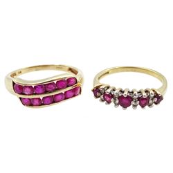 Gold two row ruby ring and a ruby and diamond ring, both hallmarked 9ct  