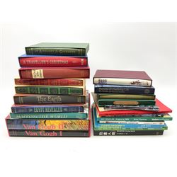 Twelve Folio Society books including The Trial of the Templars, An Alphabet for Gourmets, Travels with a Donkey, Mapping the World, Egypt Revealed etc, all in slip-cases; quantity of automobilia books etc