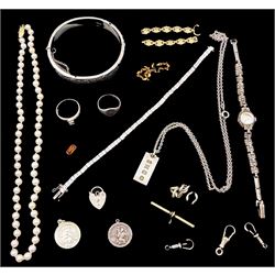 Single strand cultured pearl necklace with 9ct gold clasp, gold bracelet and necklace links, silver and stone set silver jewellery including tennis bracelet, bangle, rings etc and a marcasite Accurist 21 jewels wristwatch