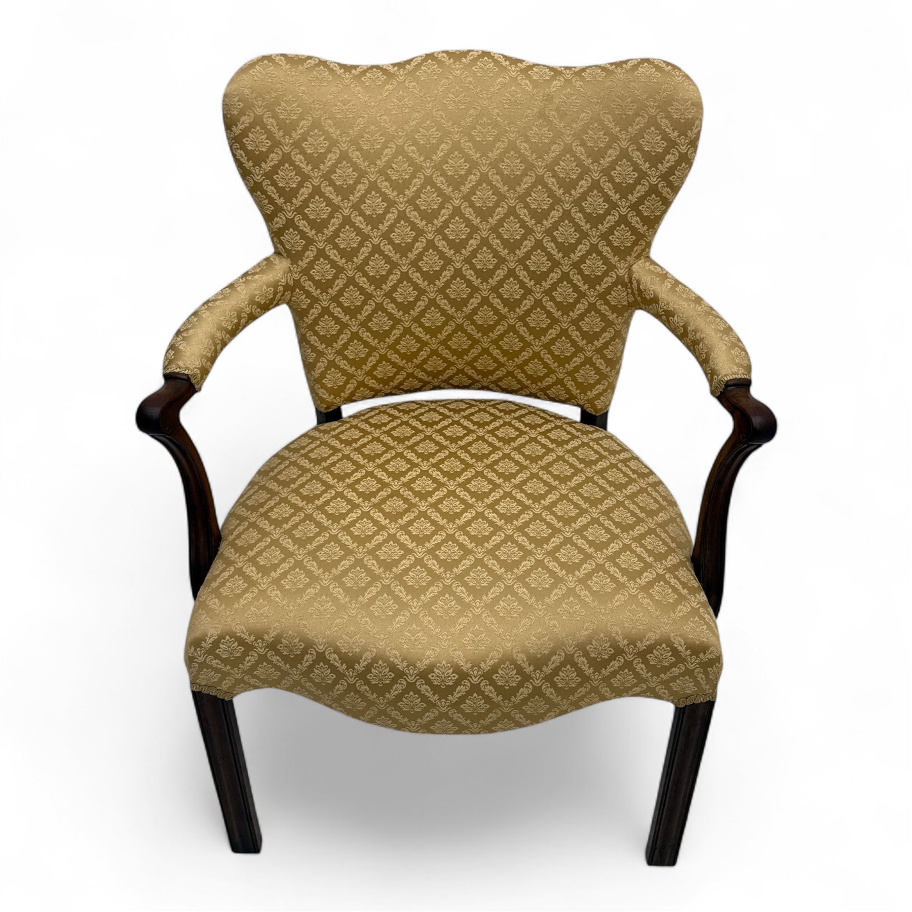 Pair of 19th century Hepplewhite style armchairs, shaped serpentine back over seat upholstered in gold damask fabric, with padded outswept arms and serpentine front rail, on moulded mahogany foreleg