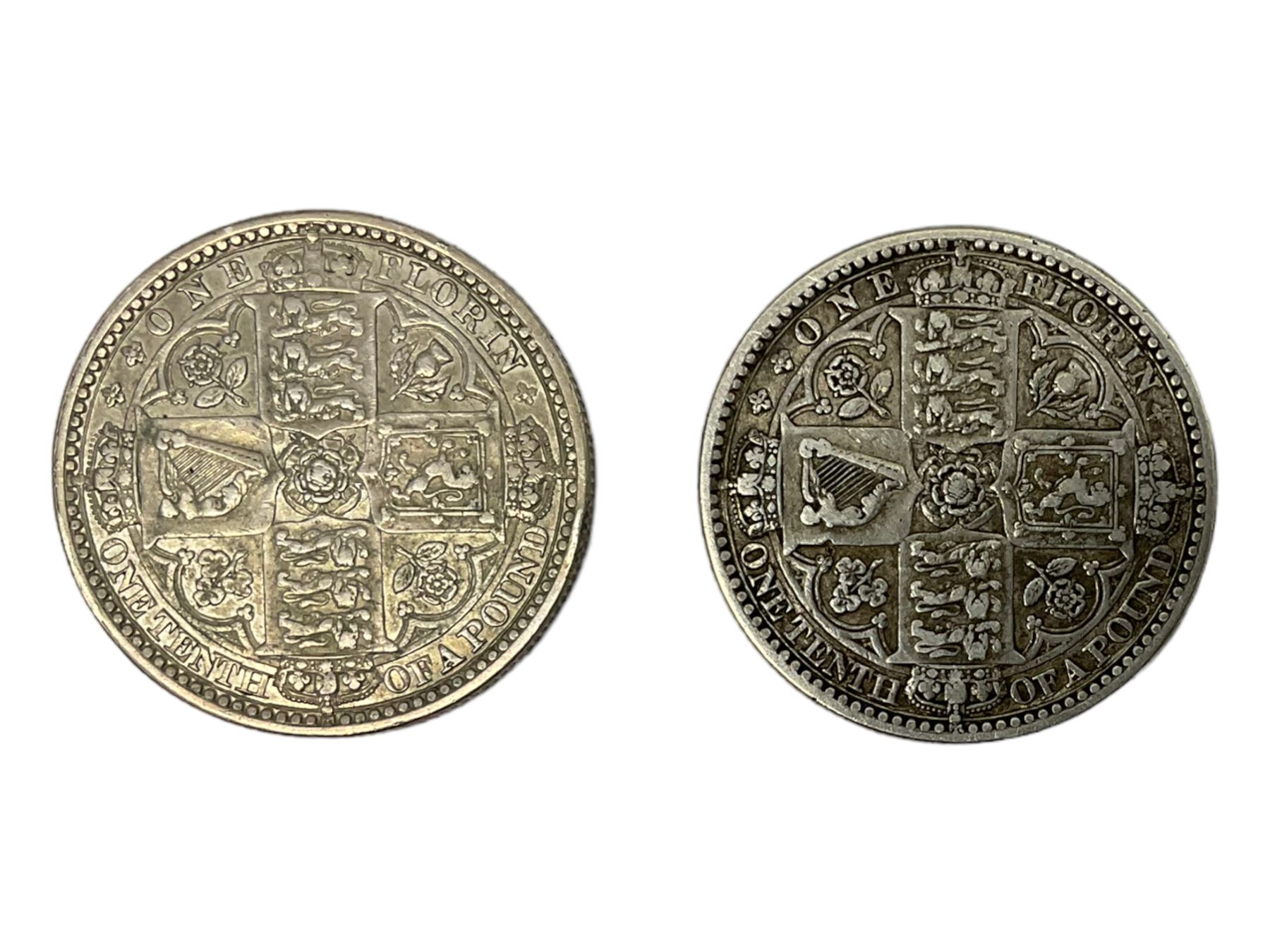 Two Queen Victoria 1849 'Godless' florin coins