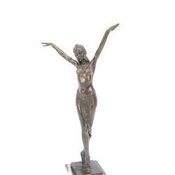 After Demétre Haralamb Chiparus (Romanian 1886-1947): Art Deco style bronze figure modelled as a dancer with raised arms, signed to the stepped bronze base and also bearing foundry stamp, upon a tapering marble plinth, overall H55cm
