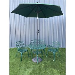 Cast iron green painted garden bench, two chairs, table and parasol - THIS LOT IS TO BE COLLECTED BY APPOINTMENT FROM DUGGLEBY STORAGE, GREAT HILL, EASTFIELD, SCARBOROUGH, YO11 3TX