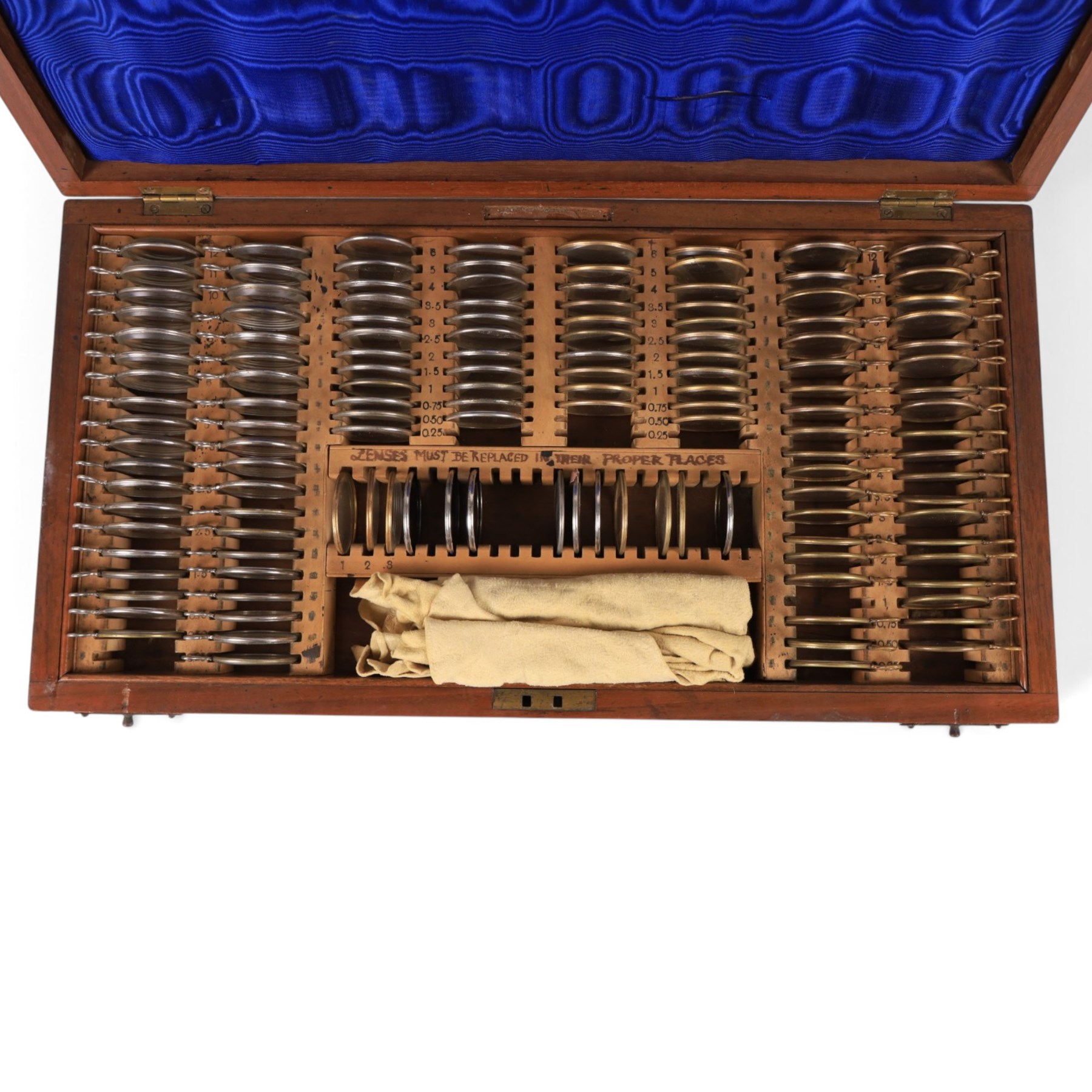 Holborn Surgical Instrument Co. Ltd set of opticians testing lenses, in fitted wooden box