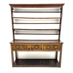 George III oak Welsh dresser, two fixed shelves above base unit fitted with tow long and one short drawer, square stile supports joined by undertier 