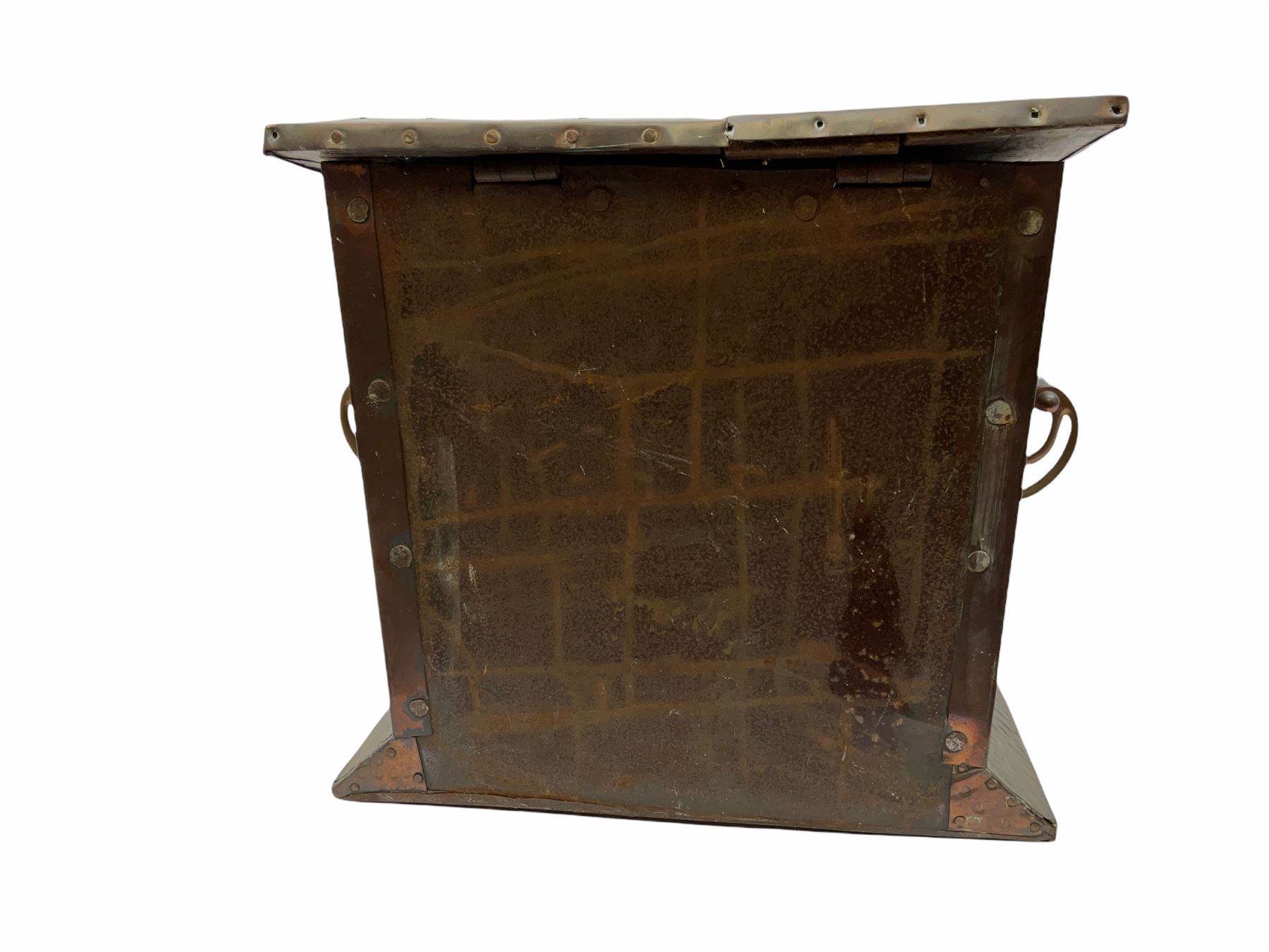 Arts and Crafts copper coal box, of square form with twin curved handles, with hammered finish, and embossed stylised motif to the front and hinged cover, H37cm L40cm D35.5cm
