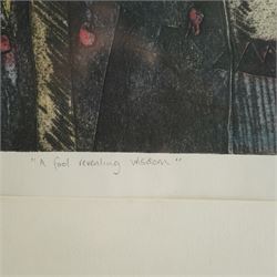 Adrienne Craddock (British Contemporary): 'A Fool Revealing Wisdom', etching in colours signed titled dated '90 and numbered 4/10 in pencil 74cm x 54cm

