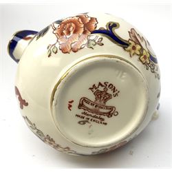 A group of Masons Ironstone Mandalay pattern wares, comprising large vase, planter with twin lug handles, three graduated plates, bowl, teapot, teacup and saucer, jug, smaller jug, open sucrier, small pot and cover, pair of candlesticks, small mantel clock, and pin dish. 