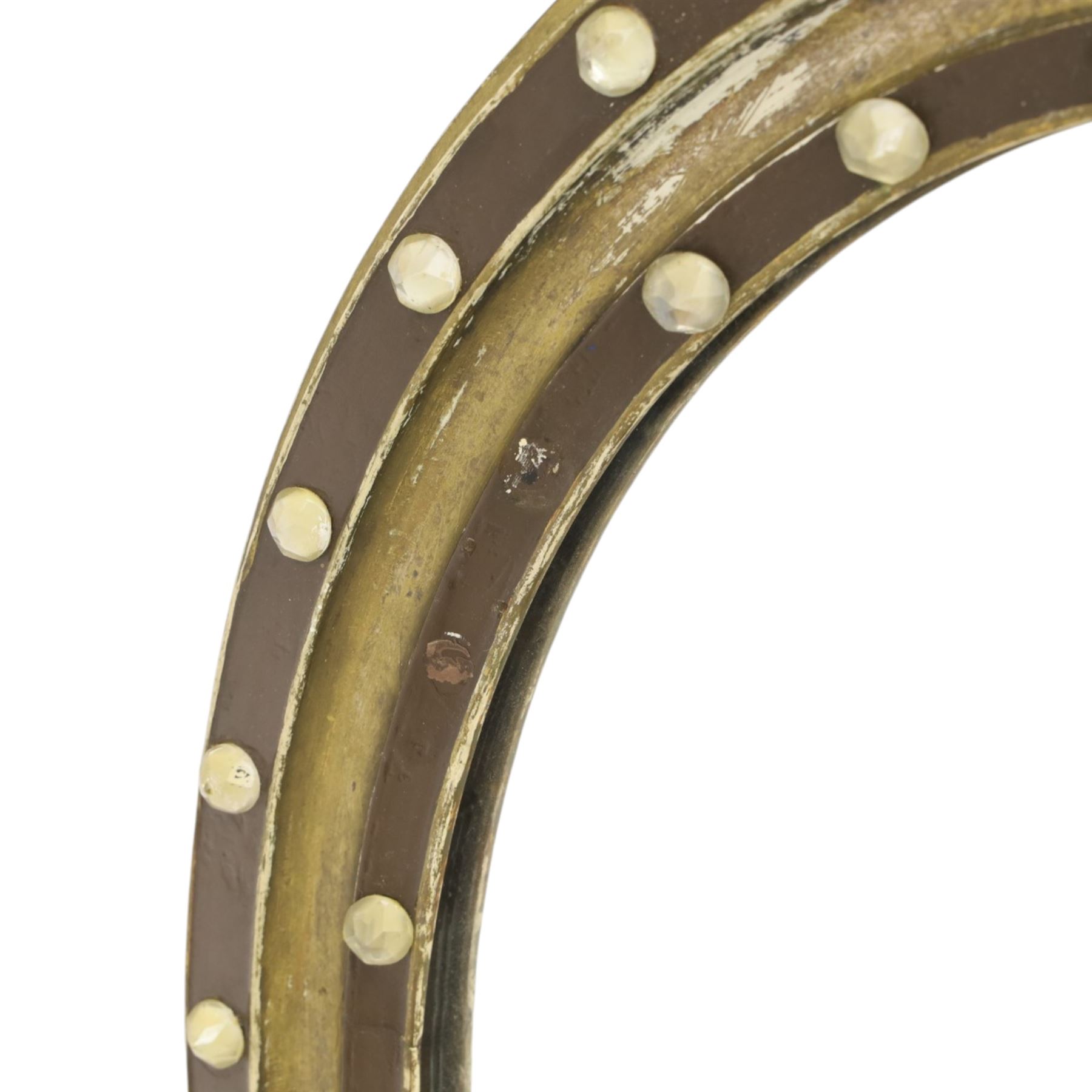Regency design Irish oval wall mirror, circular frame with ebonized slip and two rows of applied glass ball decoration 