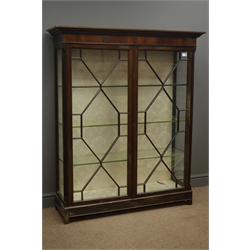  19th century and later mahogany display cabinet, projecting cornice, astragal glazed doors, enclosing three glass shelves, fluted canted corners, W118cm, H143cm, D38cm  