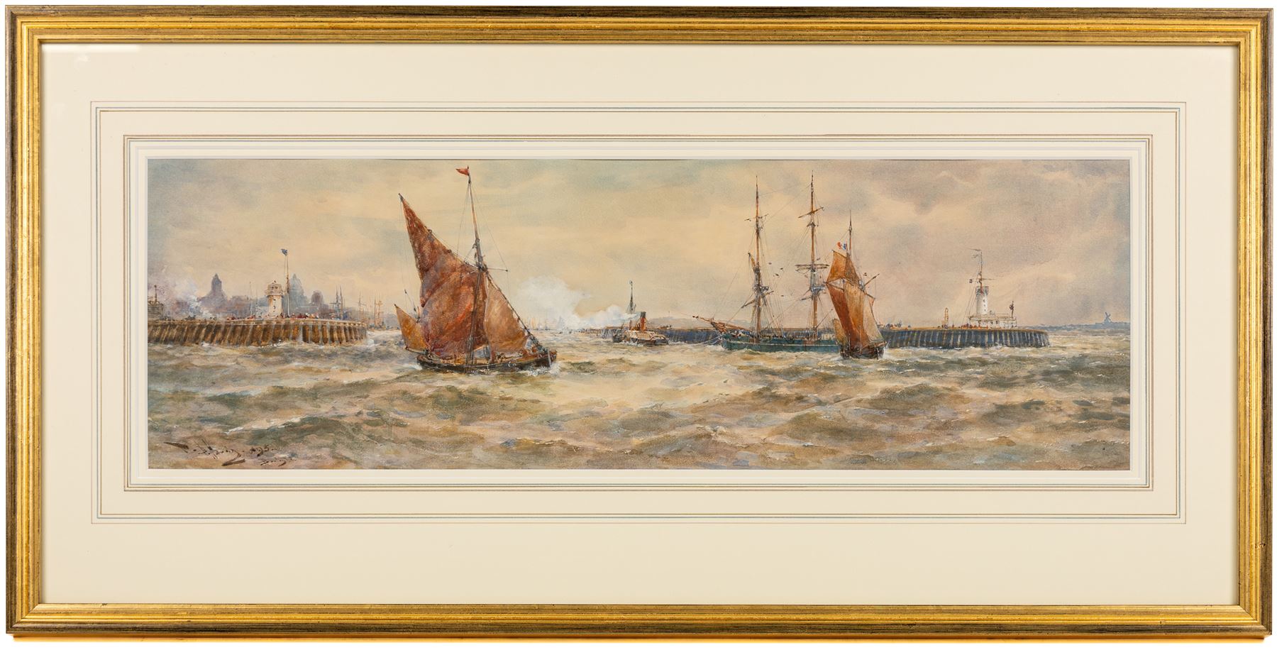 Thomas Bush Hardy (British 1842-1897): 'Boulogne' with Steam Tug and Sailing Boats at the Harbour Mouth, watercolour signed titled and dated '95, 21,5cm x 69cm
