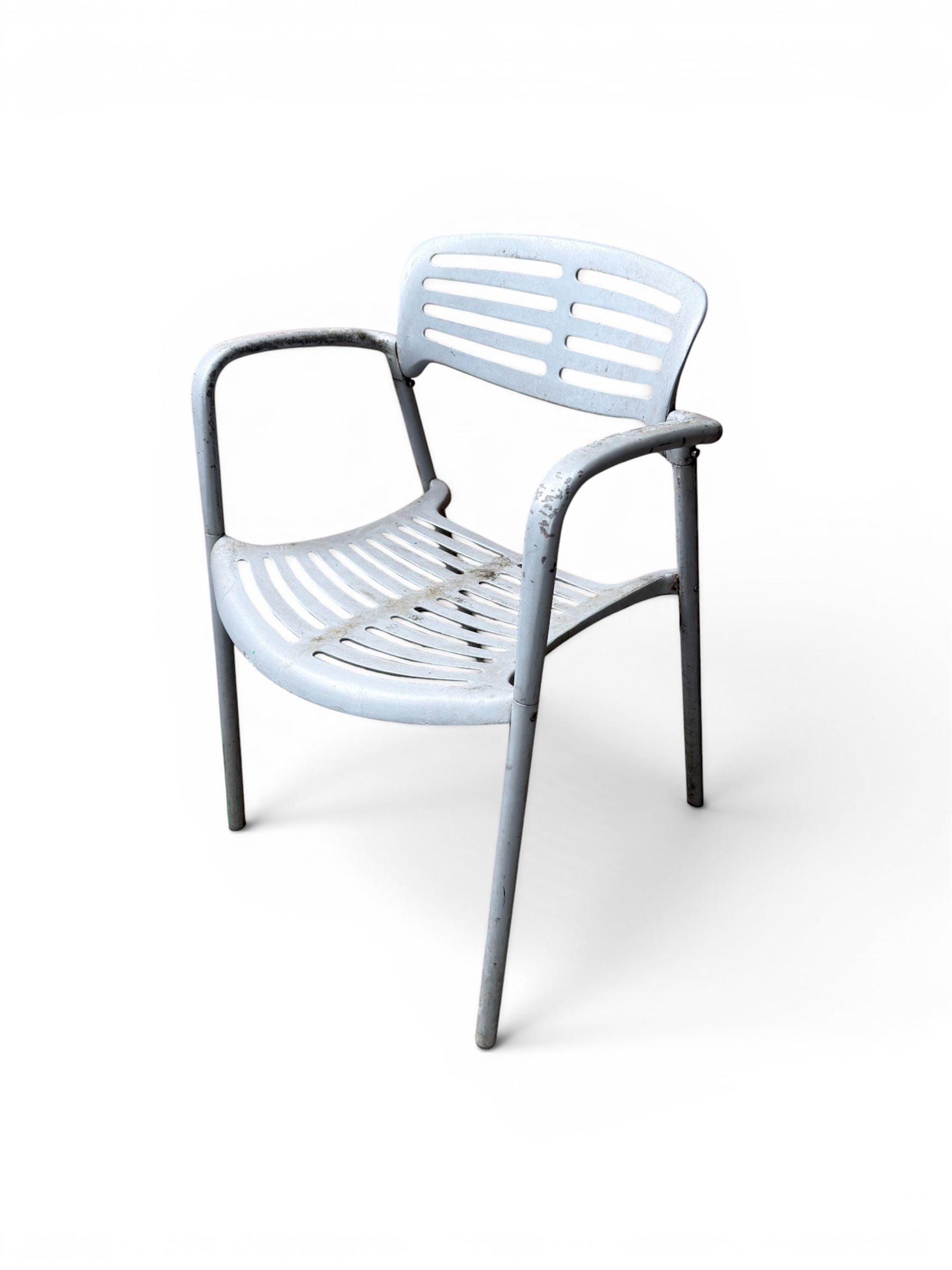 Set of eight mid-20th century painted aluminium garden armchairs, curved backs with shaped seat, stackable