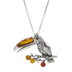 Silver Baltic amber toucan pendant necklace, stamped 925
