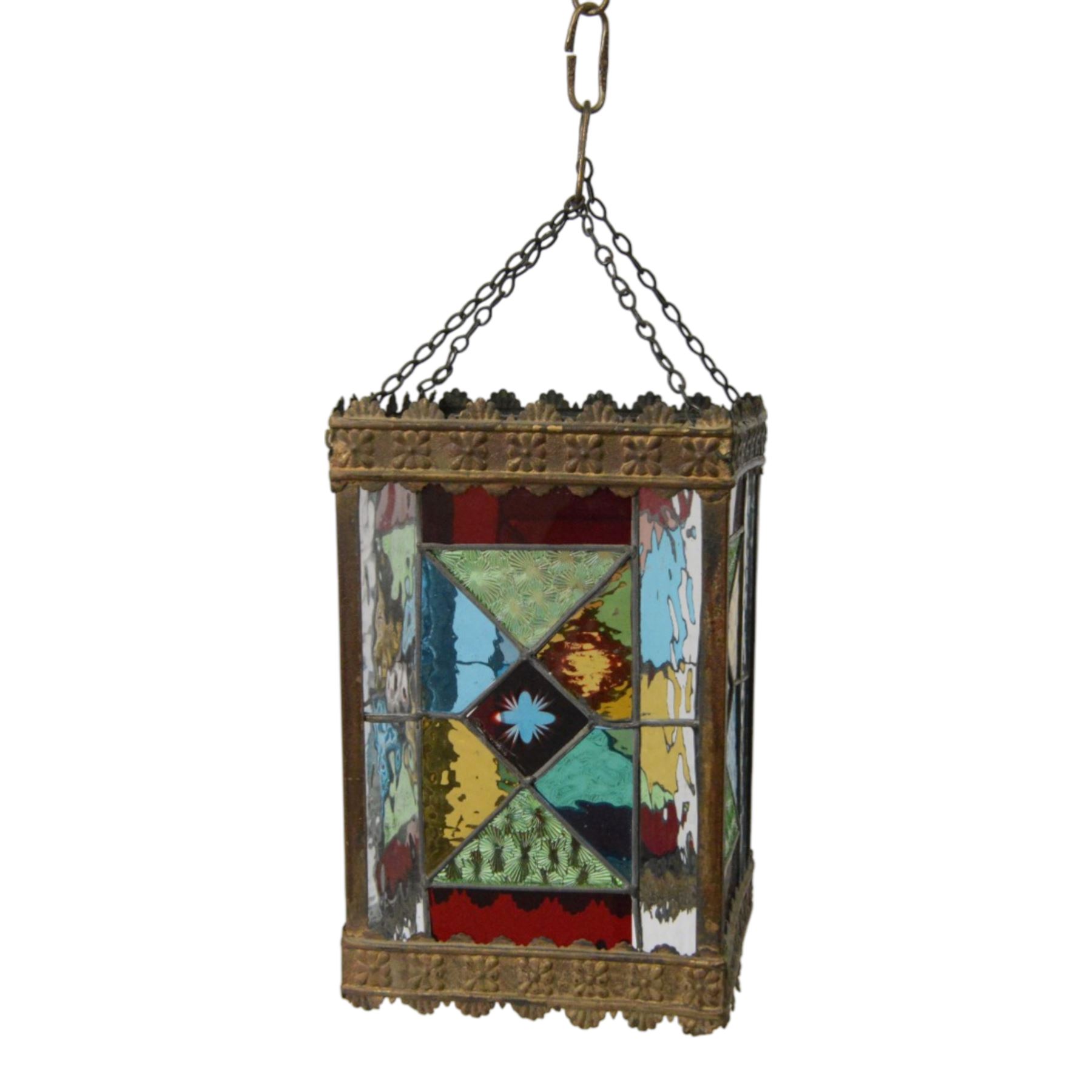 Edwardian metal framed hanging hall lantern, of rectangular form, with leaded stained and clear glass panels, H28cm