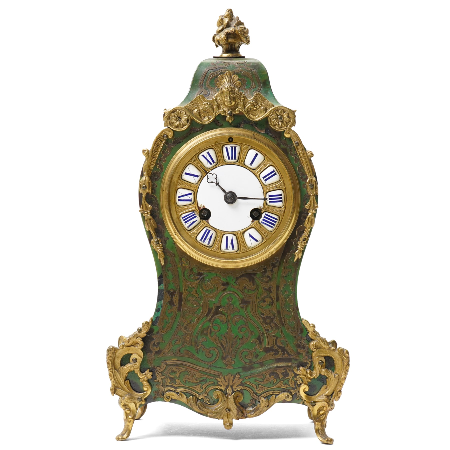 Late 19th century mantel clock in stained green tortoiseshell Boulle work case with white and blue enamel dial, bell strike and gilt metal mounts on shaped supports H30cm