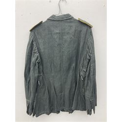 WW2 German Army grey/green herringbone twill four pocket tunic with shoulder tabs for signals regiment, cloth eagle insignia and iron cross ribbon