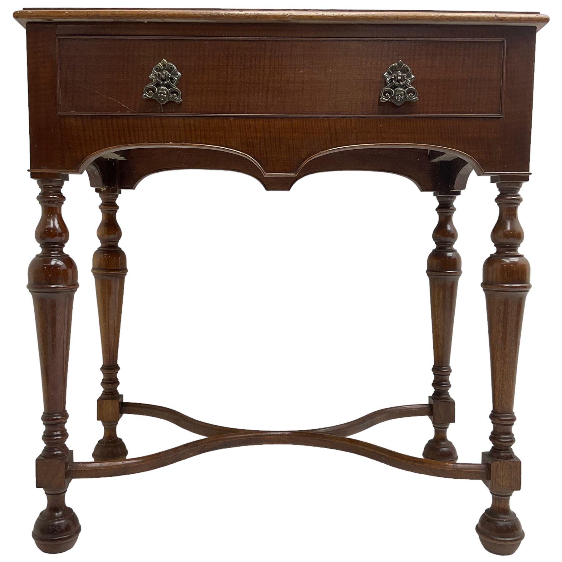 Georgian design mahogany lowboy, fitted with single cock-beaded drawer over double-arched apron, raised on turned supports united by shaped X-stretcher