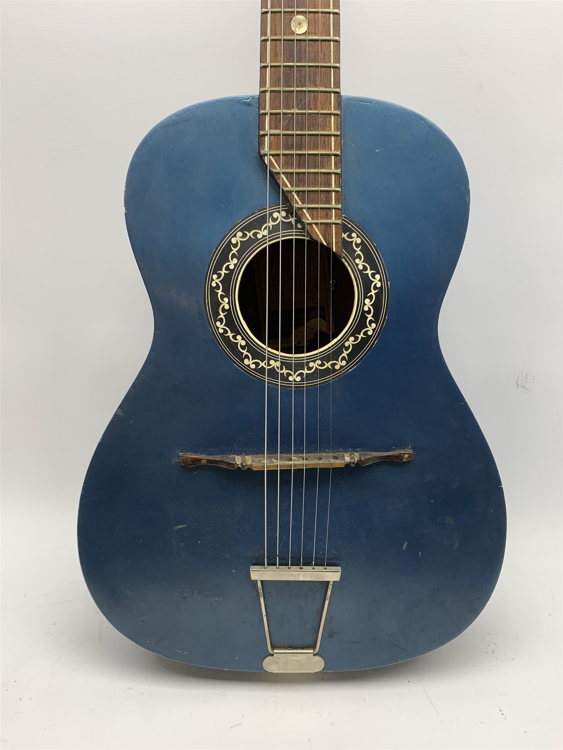 Blue painted acoustic guitar, bears label 'Catania Carmelo', serial no.36431, L103CM