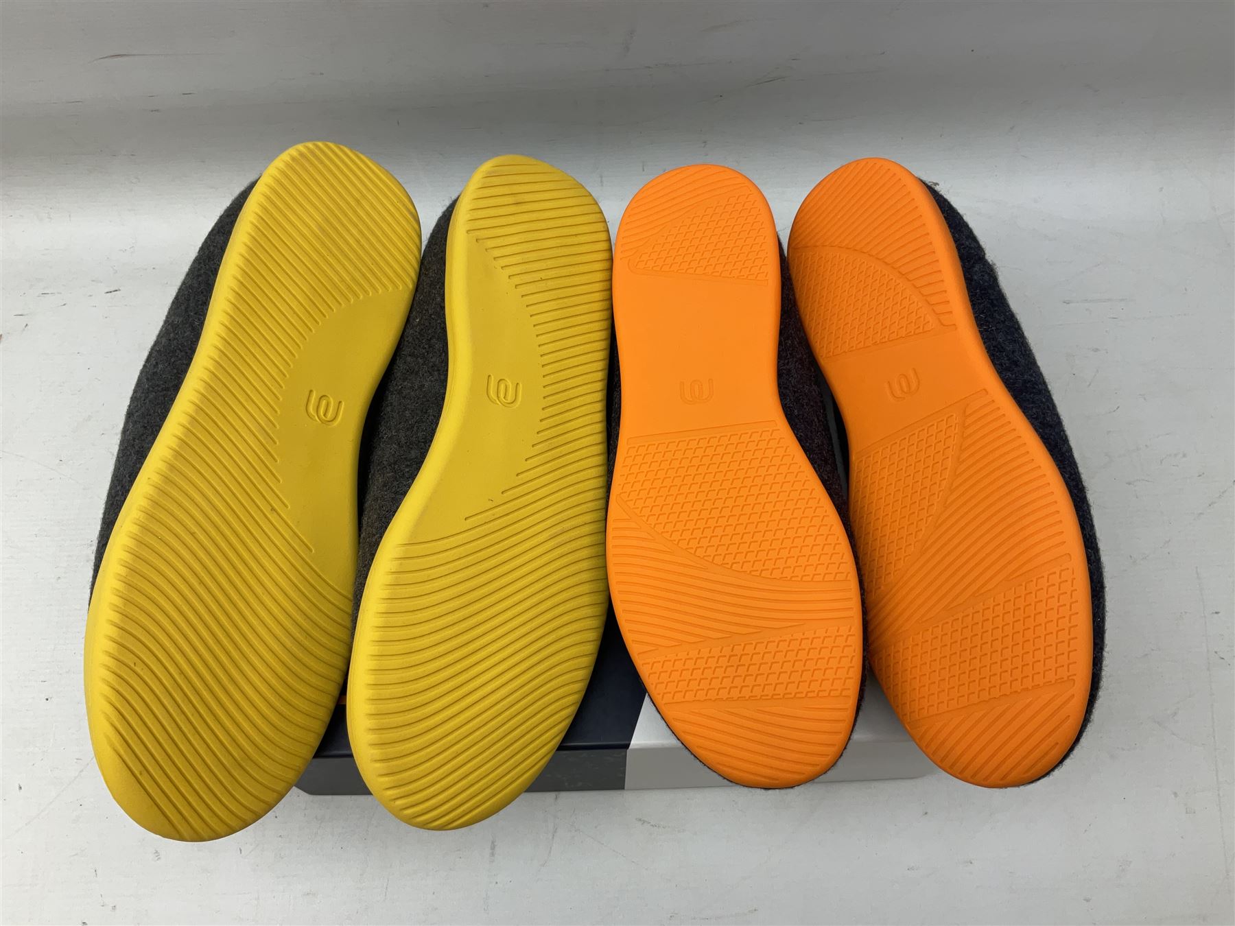 Four pairs of Mahabis slippers, comprising 'Summer grey slippers' size EU40, 'Curve grey and black' size EU46, 'Classic light grey' size EU44 and 'Classic 2 navy' size EU43,  all new in box