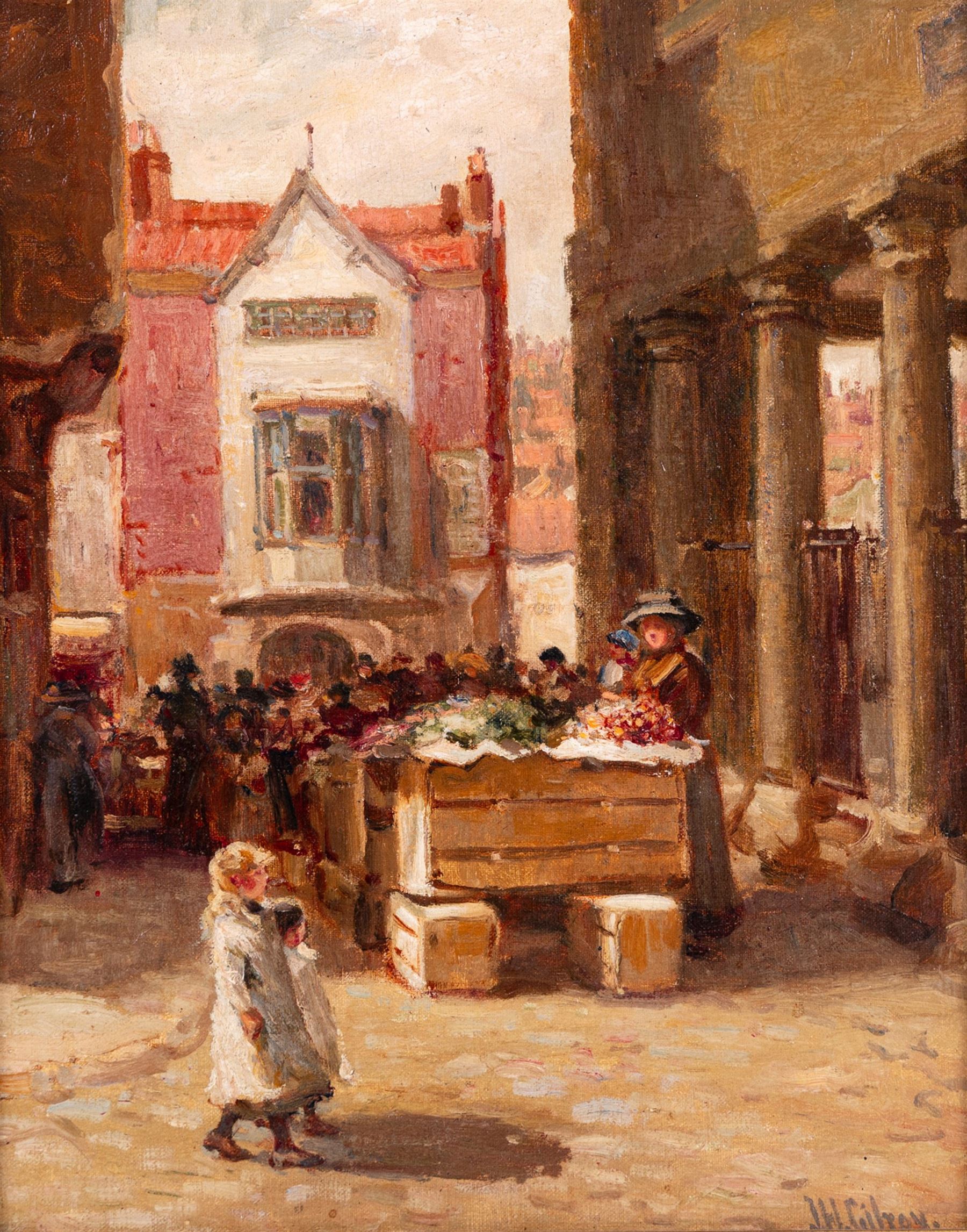 John William Gilroy (Newcastle 1868-1944): Two Sisters Exploring Whitby Market, oil on canvas laid on to board signed 38cm x 31cm