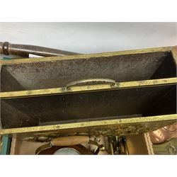 Quantity of copper pans and teapots, dish and sieve with pierced heart decoration and brass handle, together with quantity of brassware to include brass Art Nouveau crumb tray and brush, repousse chargers, fire tool accessories, decorative canon, sword and guns etc