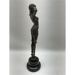 Art Deco style bronze figure of a dancer, after 'Berrard', raised upon a circular base, with foundry mark, H49cm