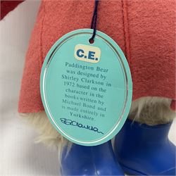 Gabrielle Designs Paddington Bear c.1981 with original labels, felt blue hat and red coat with blue rubber boots marked PB 1980  