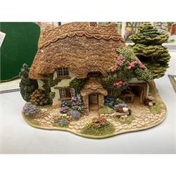 Eight Lilliput Lane models, including Gertrude's garden, Cruck End, Honeysuckle cottage, The Pottery, Huddersfield Railway Station, The Magpie Cafe, Amberly Rose, Summer Days and Shades of Summer, all boxed with deeds