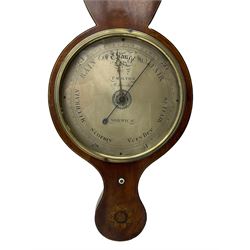 William IV mercury wheel barometer in a mahogany case with stringing to the edge and inlaid conche and floral motifs, with a round top and conforming base, long rounded top thermometer box with a silvered register and mercury thermometer, 8” silvered register with weather predictions, recording barometric pressure from 28 to 31 inches, dial inscribed “F Molton Norwich” With a steel indicating hand and brass recording hand (Button missing).
Francis Molton is recorded as a Norwich watch and clockmaker, optician and barometer maker 1830-42.

