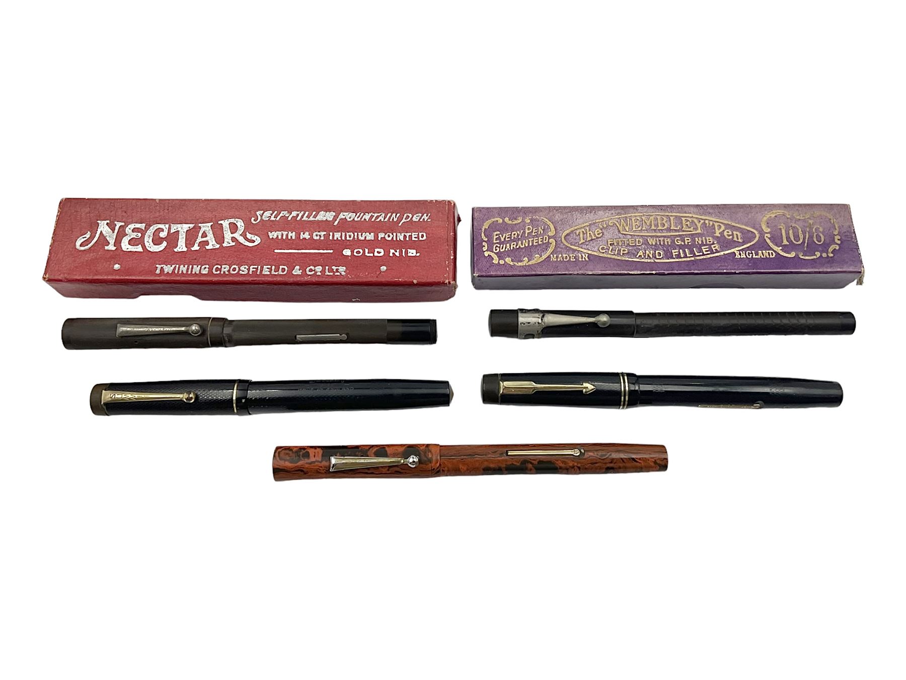 Five fountain pens, to include Stephens no 270, Curzon Typhoo, WHSmith The Wembley Pen and the Nectar, all with 14ct gold nibs  