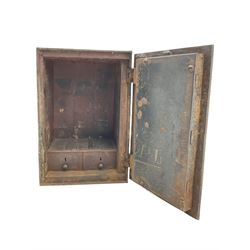 Early 19th century cast iron safe strong box, with key, two internal drawers