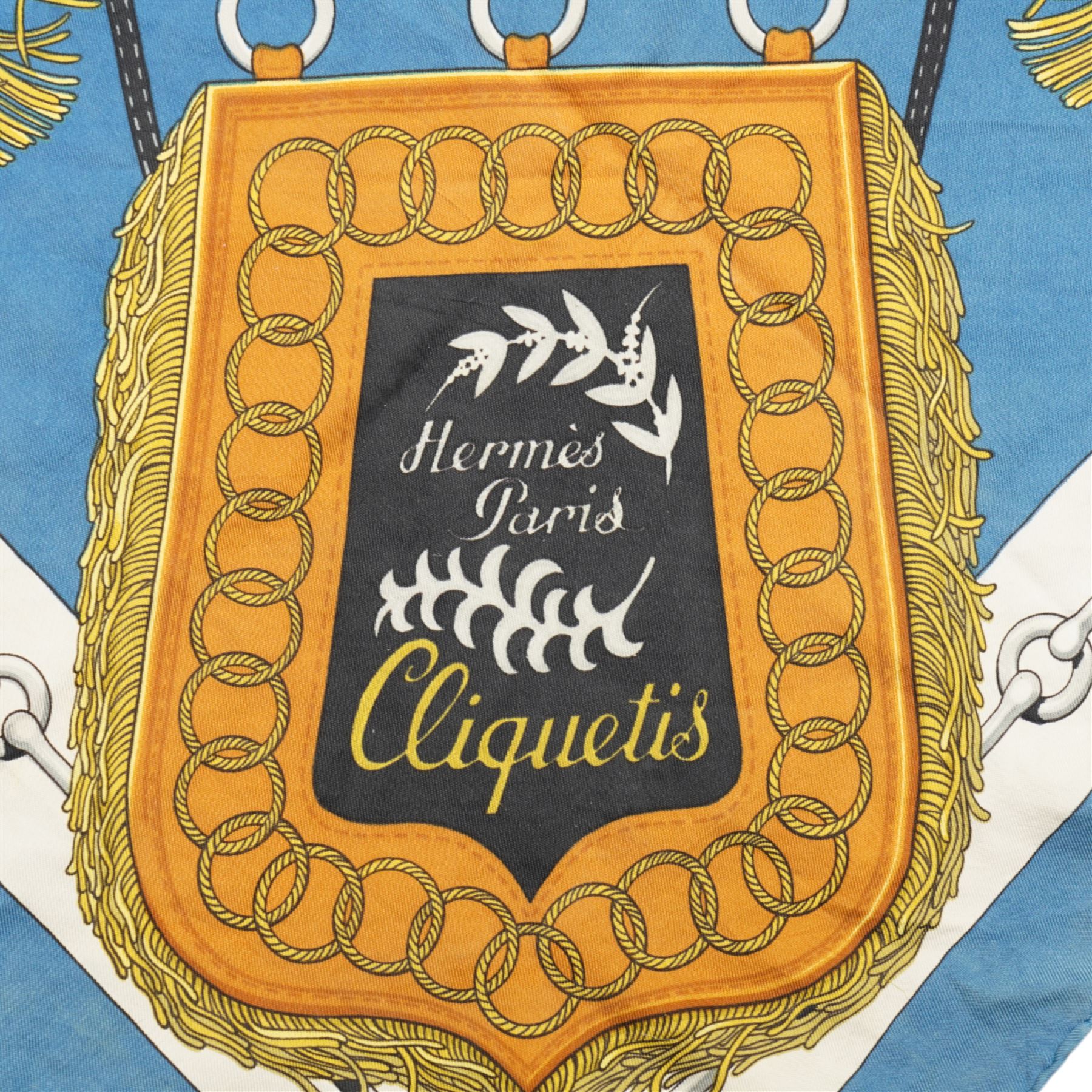 Hermes 'Cliquetis' silk scarf in orange and blue colourway, designed by Julie Abadie, 89cm x 89cm