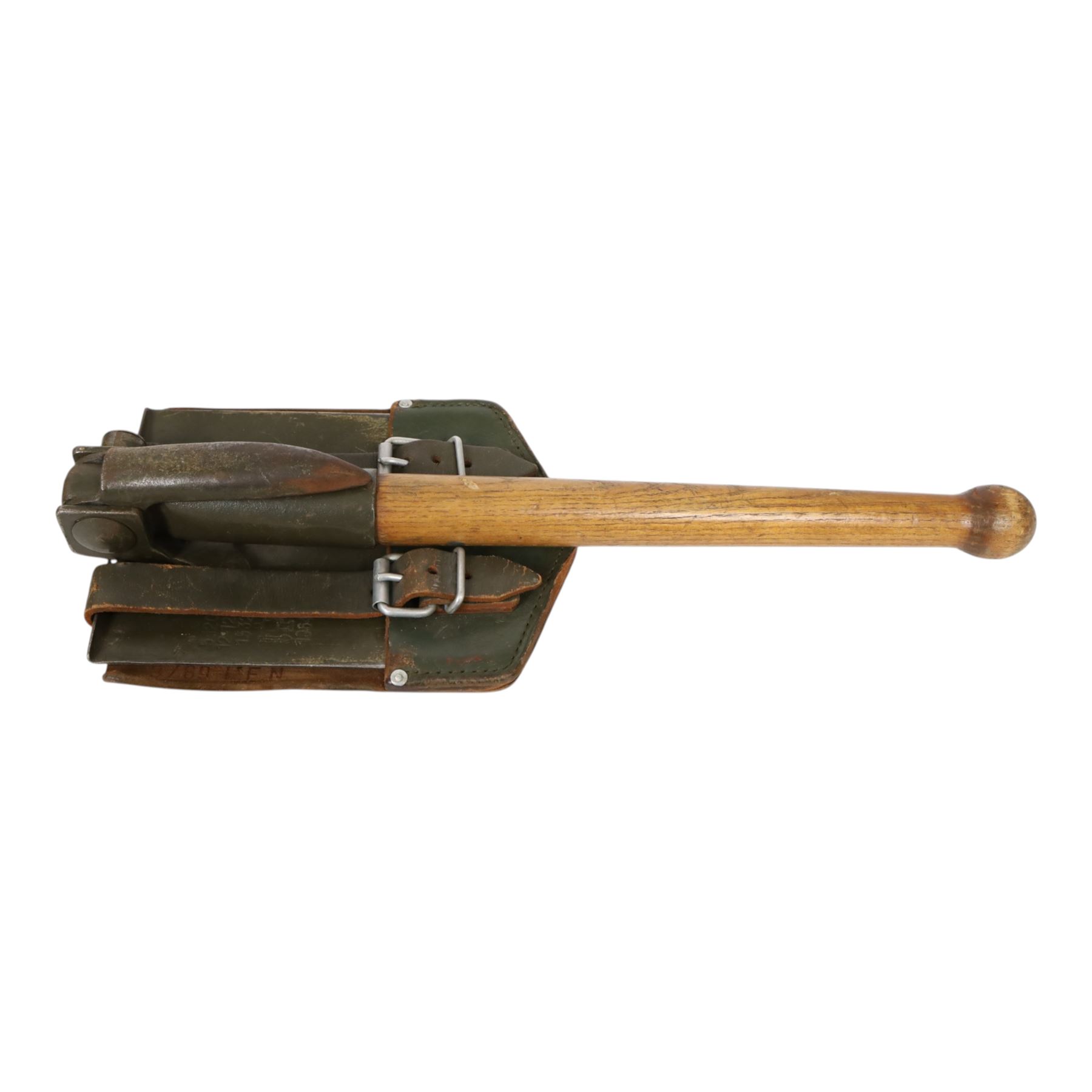 German WWII folding trench shovel with cover, together with a folding spoon and fork 