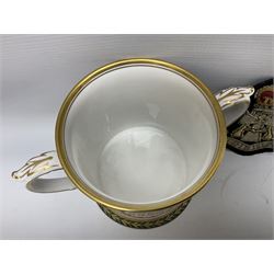 Limited edition Spode Green Howard's twin handled loving mug, no 205/300, with certificates, together with a Green Howards cased Tercentenary medal (1688-1988), cap badge and embroidered patch, largest H11.5cm