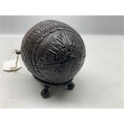 19th century bug bear flask carved with Balkan figures, a wolf and leafage with glass eyes, L14cm on stand 