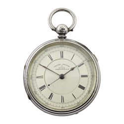 Victorian silver open face centre seconds, key wound chronograph pocket watch, No. 32109, white enamel dial with Roman numerals, outer seconds track numbered 25-300, case by Samuel Yeomans, Chester 1882