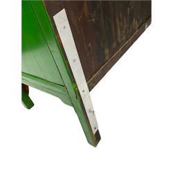 Chinese green lacquered hardwood moon cabinet, two panelled doors with metal mounts decorated with the zodiac animals and traditionally dressed figures, enclosing two drawers and shelves over single secret compartment