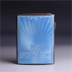 1930s silver cigarette case, with blue guilloche enamel decoration to cover, hallmarked Co...