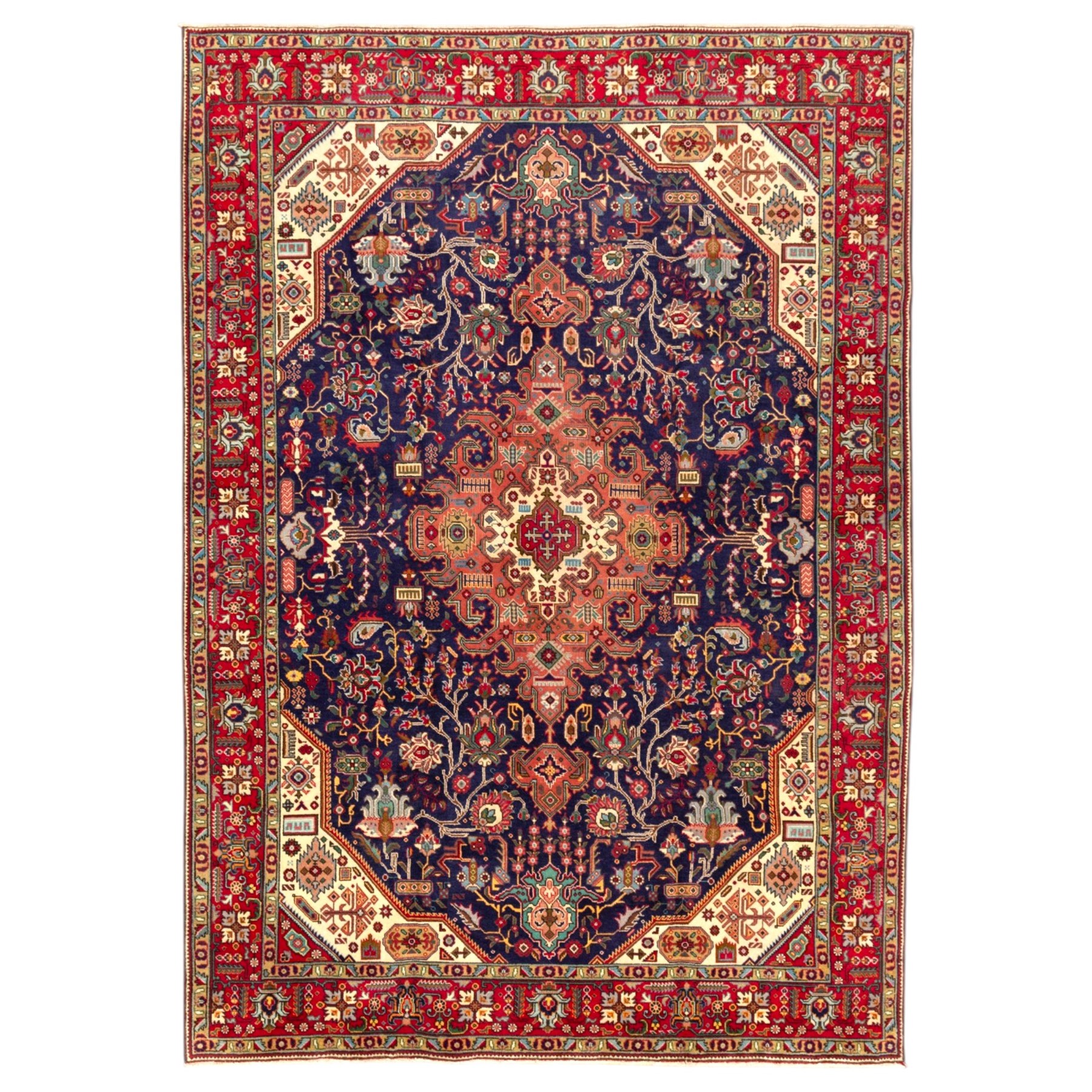 North West Persian carpet, the indigo field centred by a large terracotta and ivory medallion with matching pendants, decorated throughout with stylised palmettes, flowerheads and branching foliage, ivory geometric floral spandrels, enclosed by a red palmette border and narrow patterned guard bands