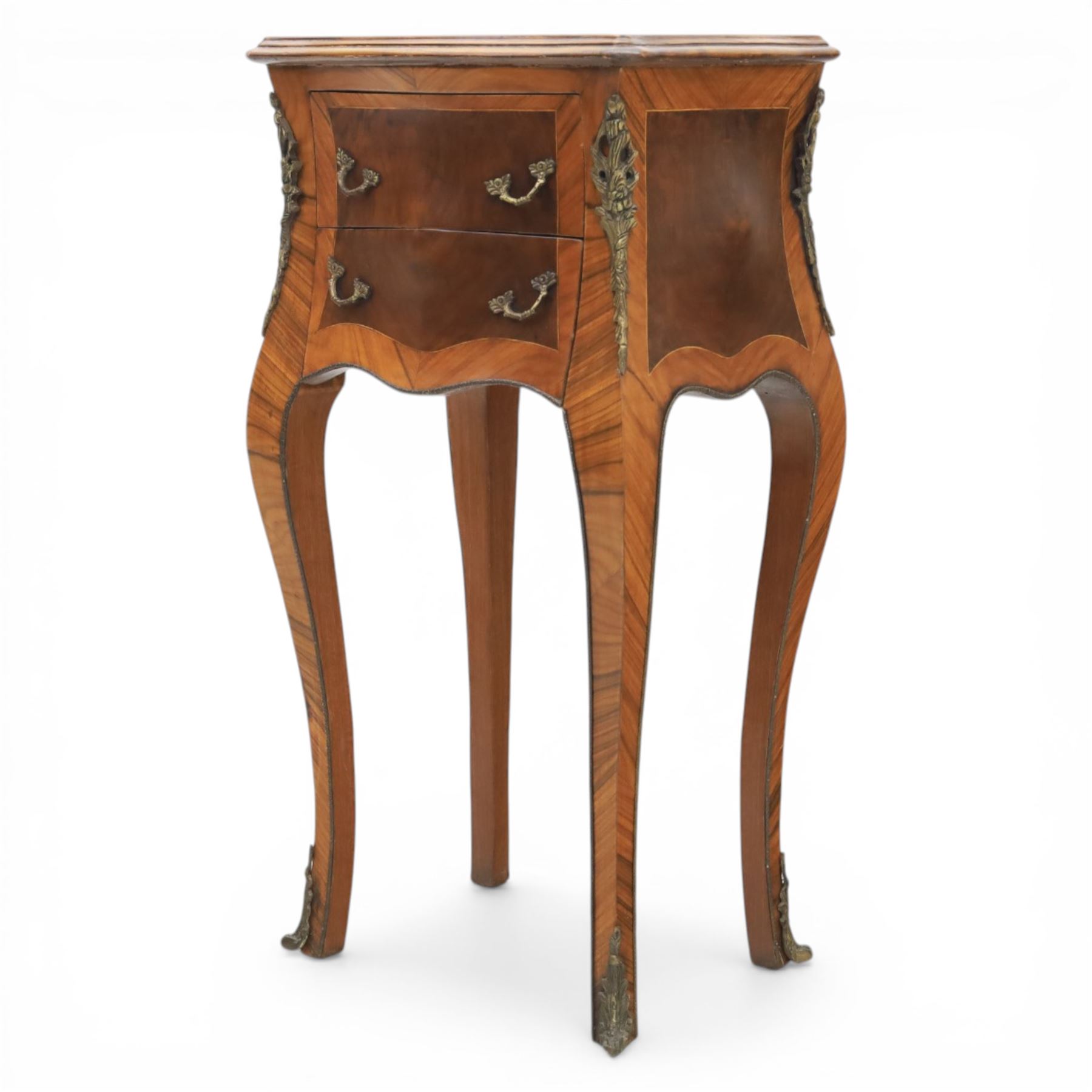 Louis XV style kingwood bedside chest, shaped and crossbanded top above two bombe drawers with cast brass handles, the sides applied with ormolu mounts, on slender cabriole legs terminating in metal sabots