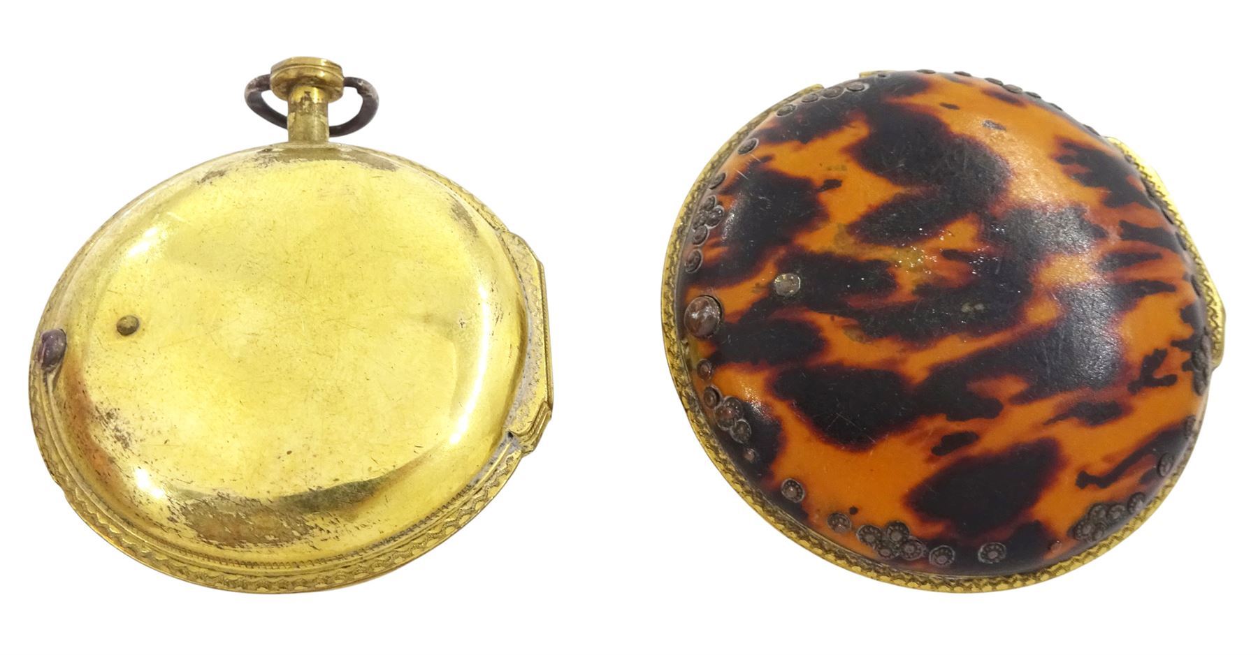 19th century gilt metal, triple cased verge fusee pocket watch, for the Turkish market by Edward Prior, London, No. 62801, pierced and engraved balance cock decorated with a classical urn, white enamel dial with Turkish hour markers, the outer tortoiseshell case, with pique work borders